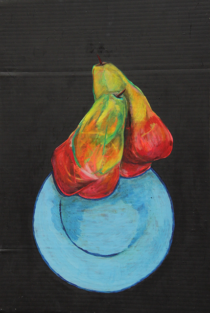 Suspended Pears, mixed media on corrugated plastic by Logan Bruce