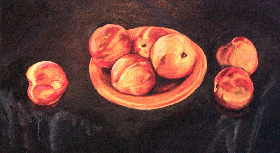 Untitled Loving Fruit: Peaches, oil on board painting by Logan Bruce