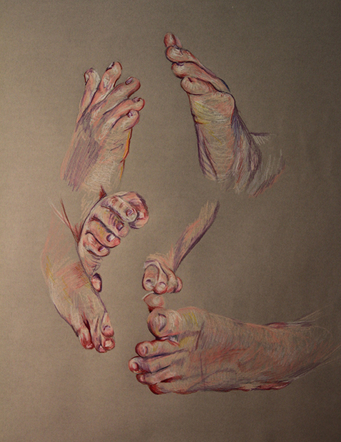Column of six feet - negative space, colored pencil on grey paper by Logan Bruce