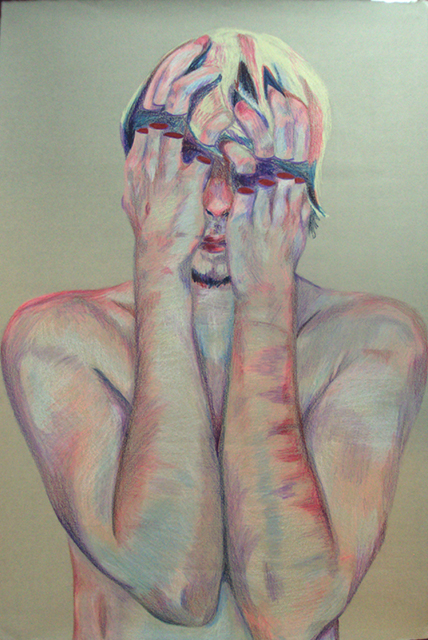 Self Portrait - cut, colored pencil on grey paper by Logan Bruce
